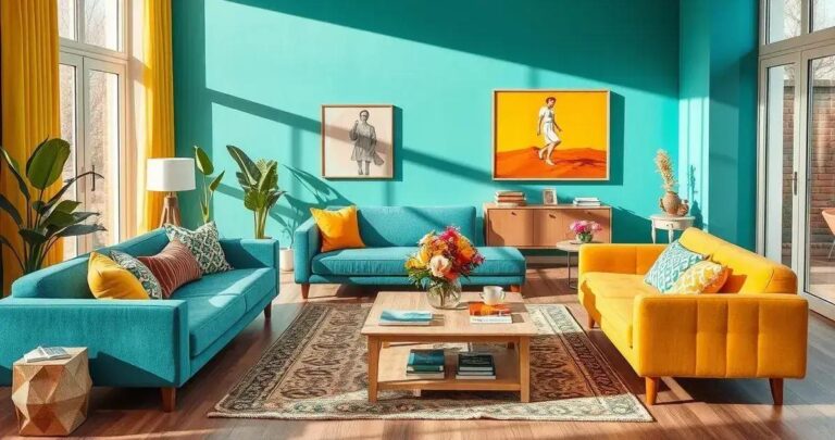 Decoração de sala de estar com cores vibrantes: energia e alegria